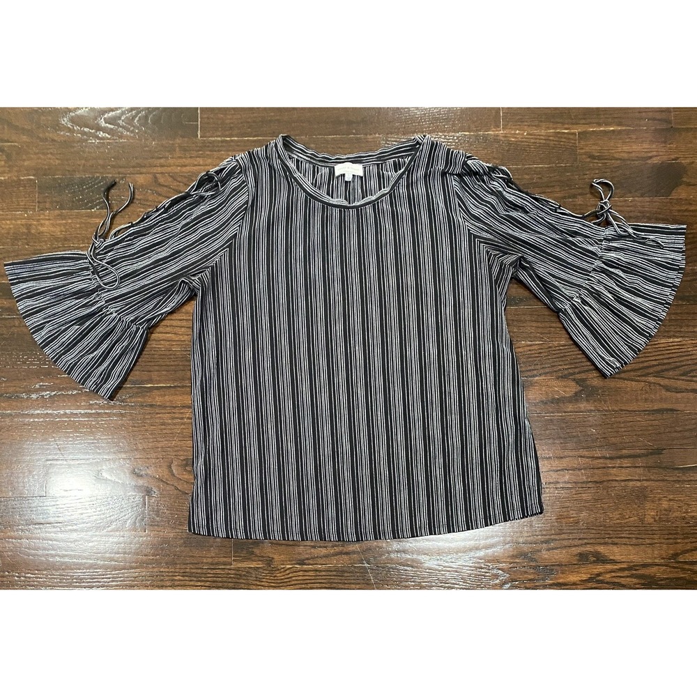 Lucky Brand Stripe Jersey Knit Top Women's Size L Laced Bell-Sleeves Black White